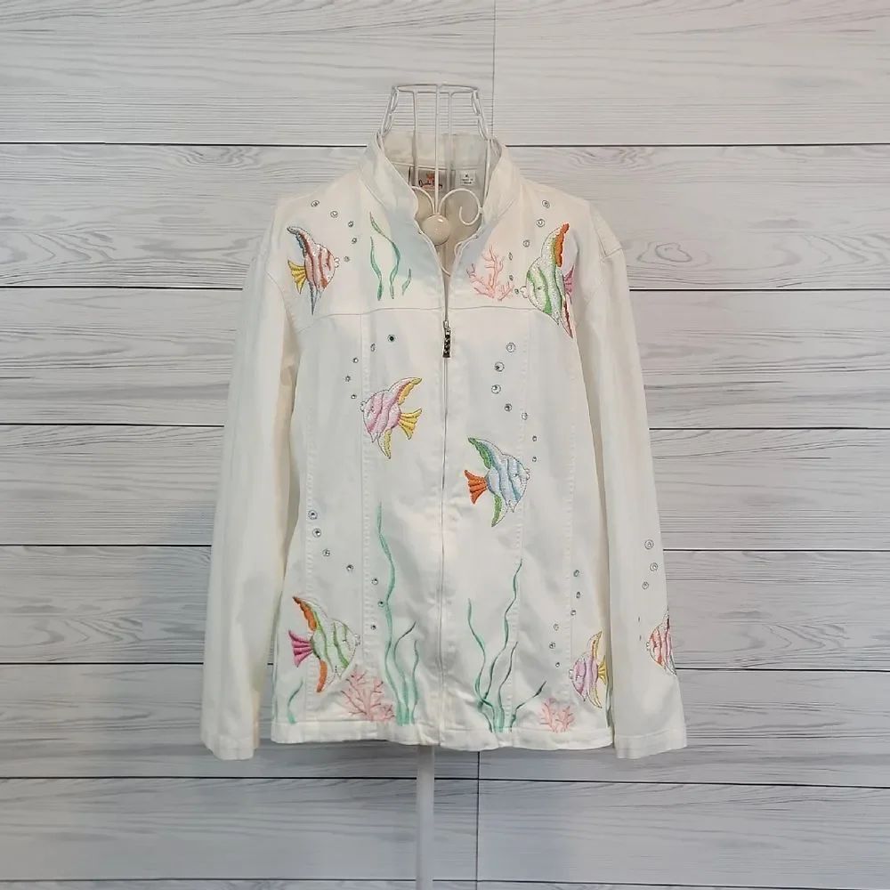 Quaker Factory Jacket - White with Embroidered Tropical Fish Womens Size XL